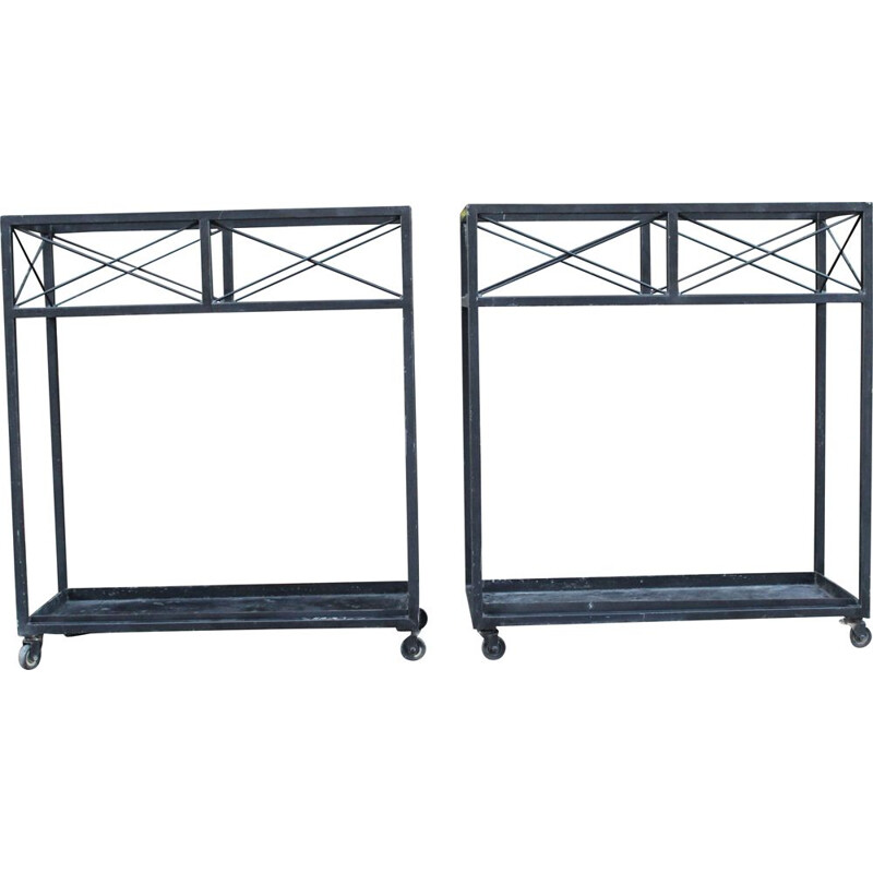 Pair of vintage planters in black lacquered wrought iron, Italian 1980s