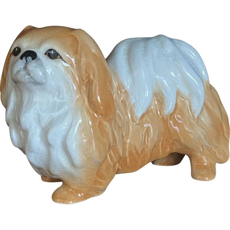 Figurita de perro pequinés de cerámica esmaltada vintage