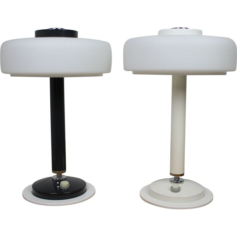 Pair of black and white vintage table lamps Napako, Czechoslovakia 1960