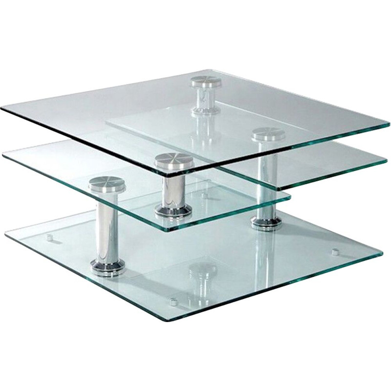 Modulaire vintage salontafel in glas en chroom