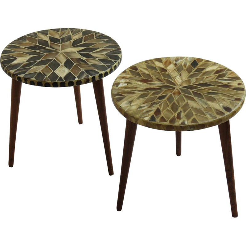 Pair of vintage 3 Legged Circular Mosaic Side Tables With Horn Inlaid Tops 1960s