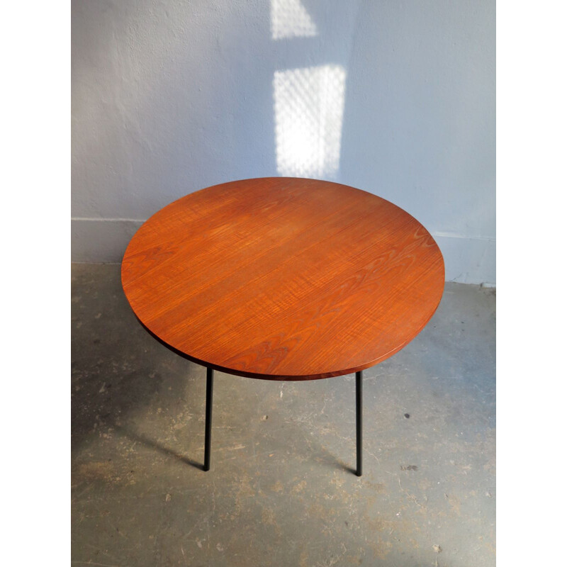 Vintage teak and rattan table with metal base 1950