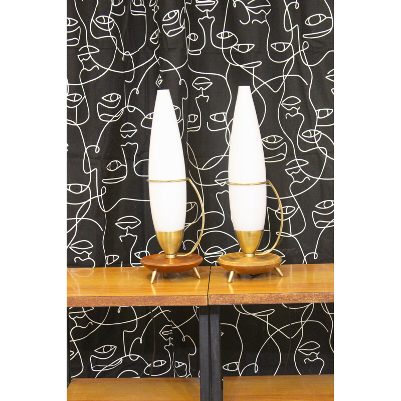 Vintage Dreibeiniges Lampenpaar aus Teakholz und Messing Philips 1960