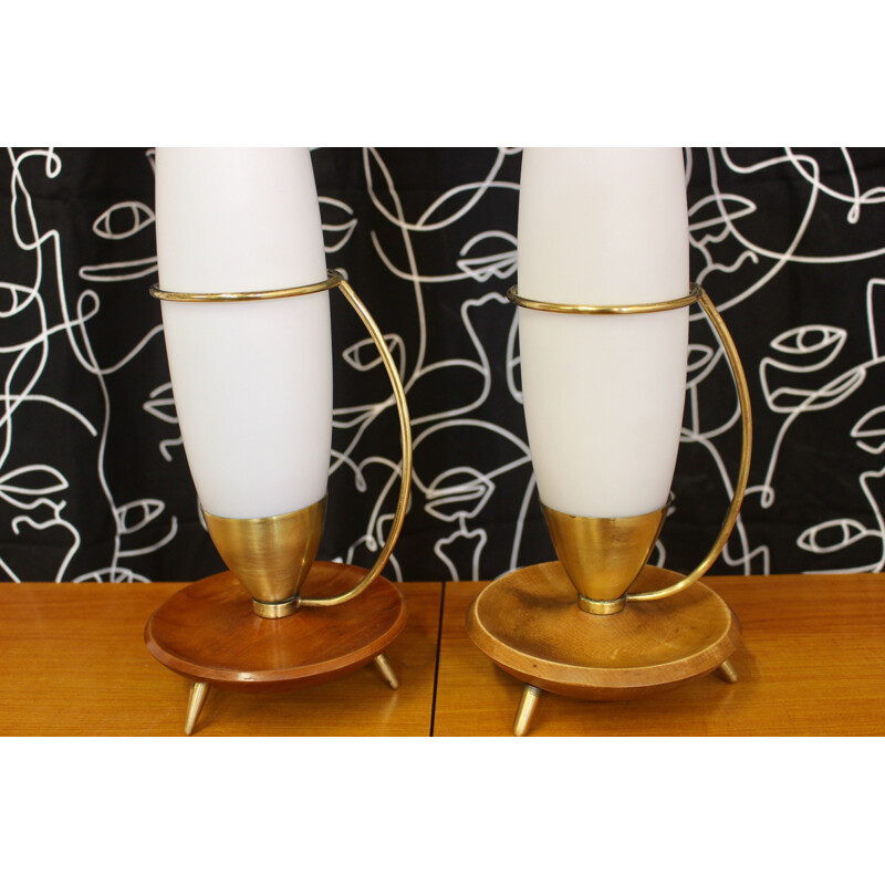 Pair of vintage teak and brass tripod lamp Philips 1960