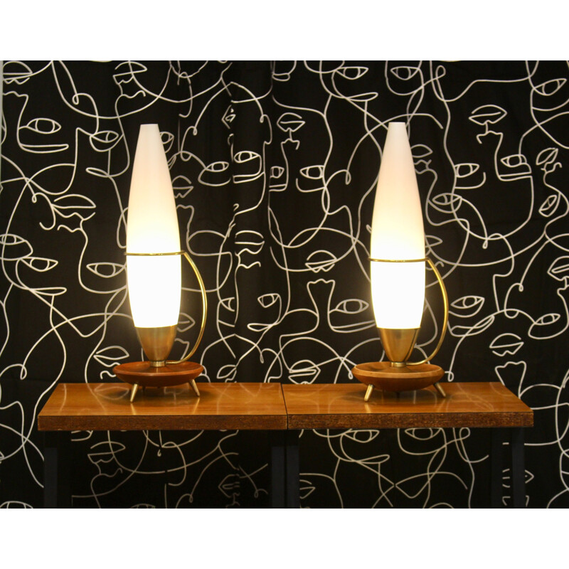 Vintage Dreibeiniges Lampenpaar aus Teakholz und Messing Philips 1960