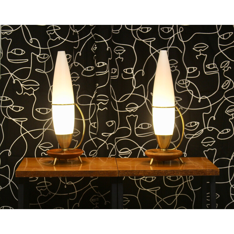 Paar vintage teak en messing driepoot lampen Philips 1960