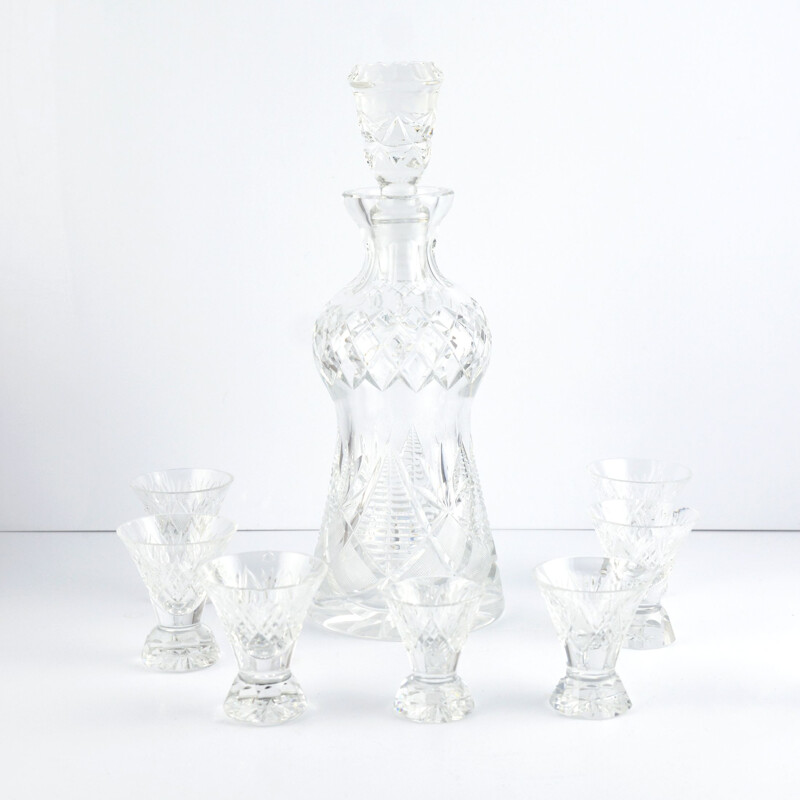 Vintage decanter and 7 crystal glasses from the Julia glassworks, Poland 1980