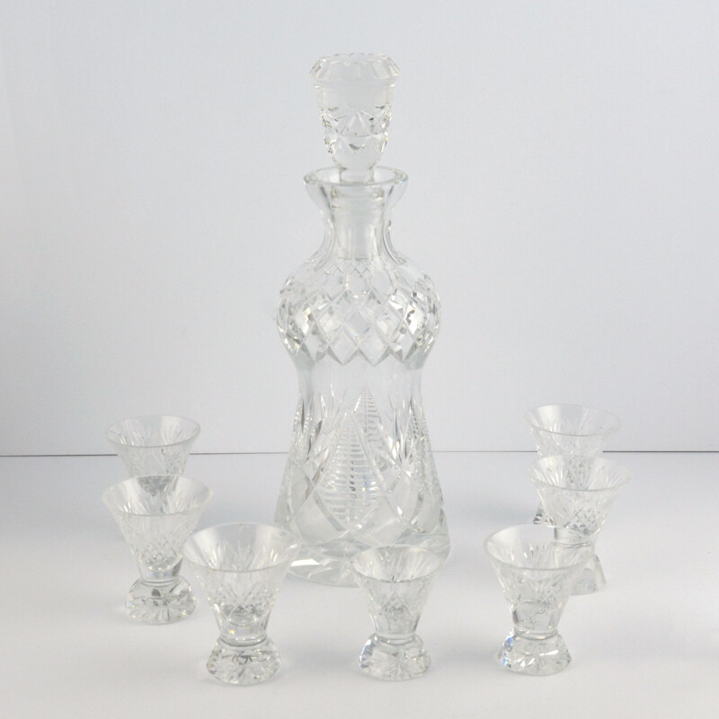 Vintage decanter and 7 crystal glasses from the Julia glassworks, Poland 1980