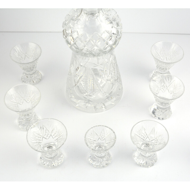 Carafe vintage et 7 verres en cristal de la verrerie Julia, Pologne 1980