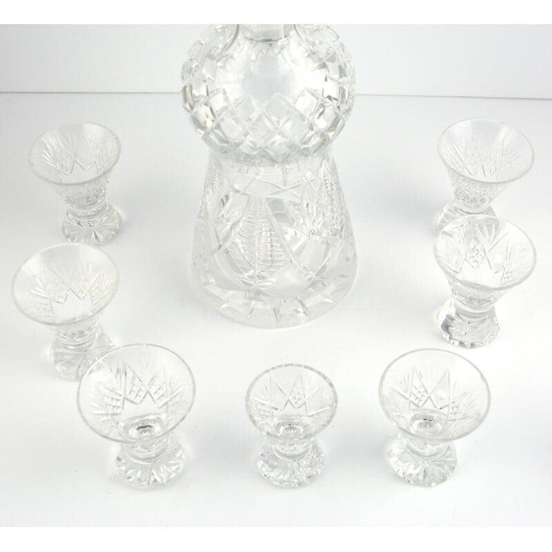 Vintage decanter and 7 crystal glasses from the Julia glassworks, Poland 1980