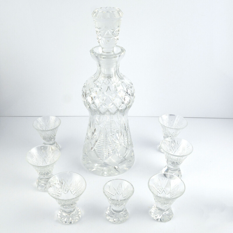 Vintage decanter and 7 crystal glasses from the Julia glassworks, Poland 1980