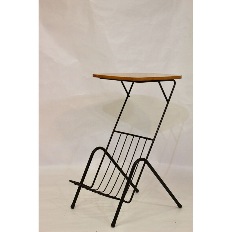Vintage metal and wood side table with magazine rack 1950