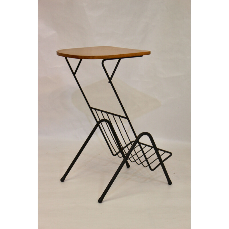 Vintage metal and wood side table with magazine rack 1950