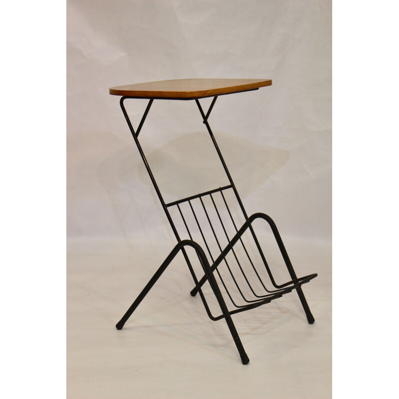 Vintage metal and wood side table with magazine rack 1950