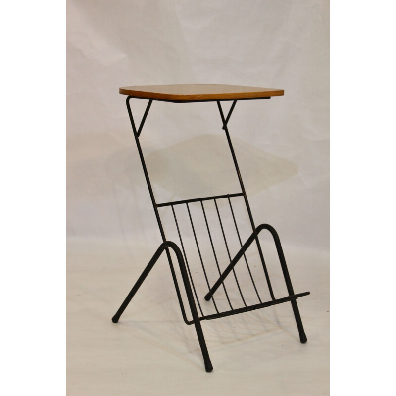 Vintage metal and wood side table with magazine rack 1950