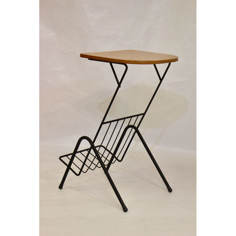 Vintage metal and wood side table with magazine rack 1950