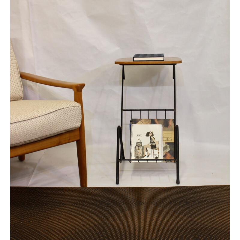 Vintage metal and wood side table with magazine rack 1950