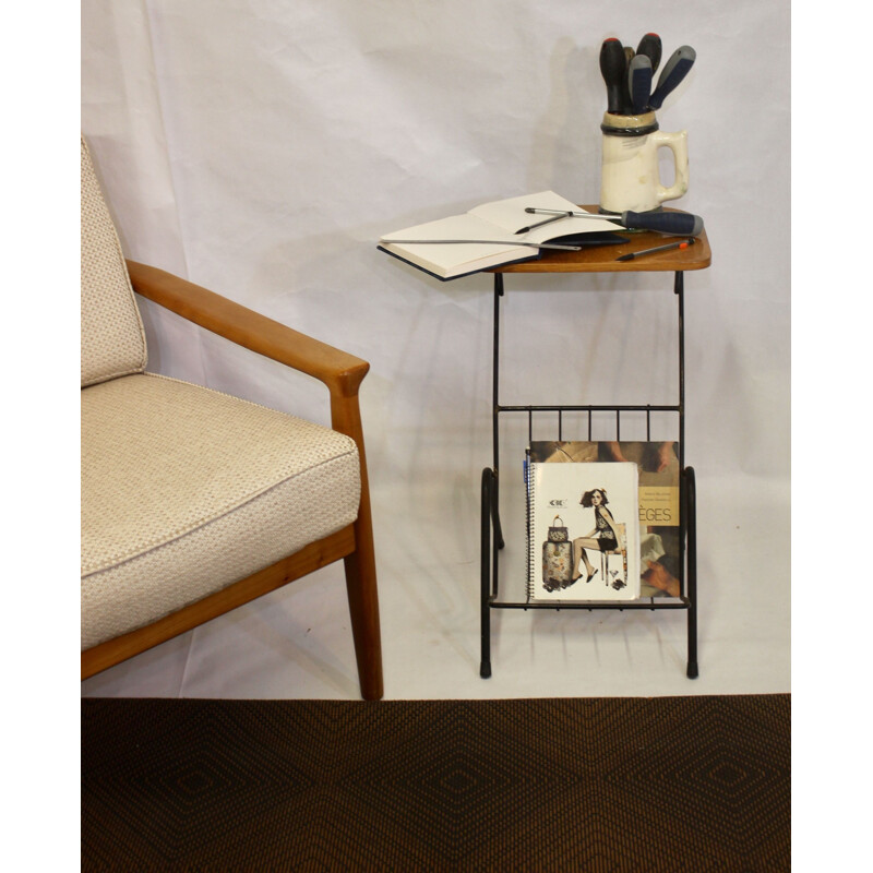 Vintage metal and wood side table with magazine rack 1950