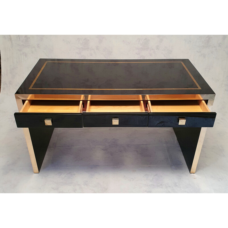 Vintage lacquered wood and brass desk by Jean Claude Mahey for La Maison Roméo 1970