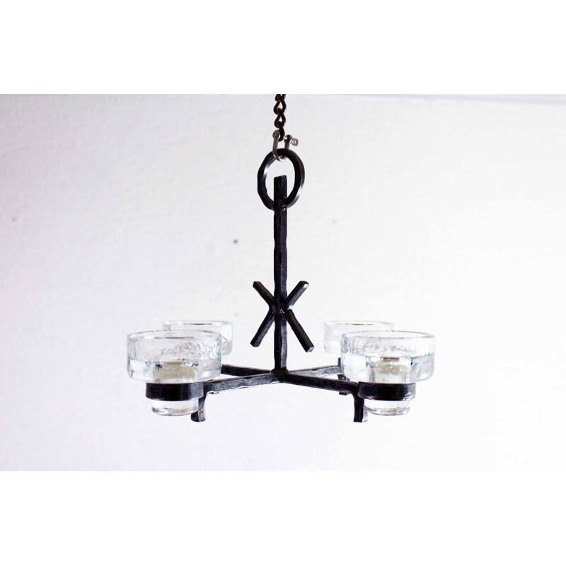 Vintage Art Deco chandelier in wrought iron and glass by Erik Höglund for Ystad-Metall Bostrom