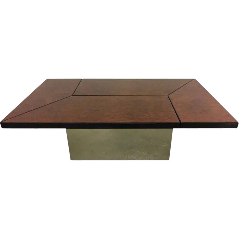 Vintage coffee table in burr walnut lacquered by Paul Michel, France 1970