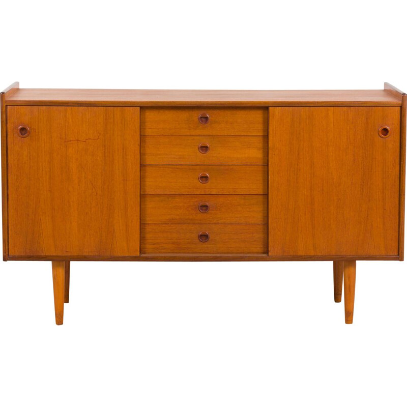 Vintage sideboard in teak with 5 drawers and sliding doors, Norway 1960s