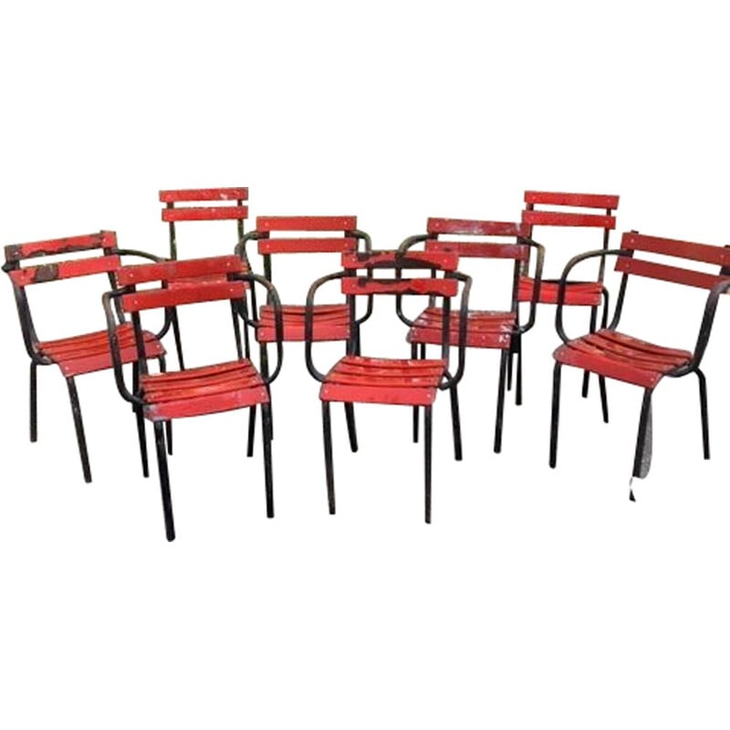 Lot de 6 de fauteuils et 2 chaises vintage en métal de style bistrot Tolix 1960
