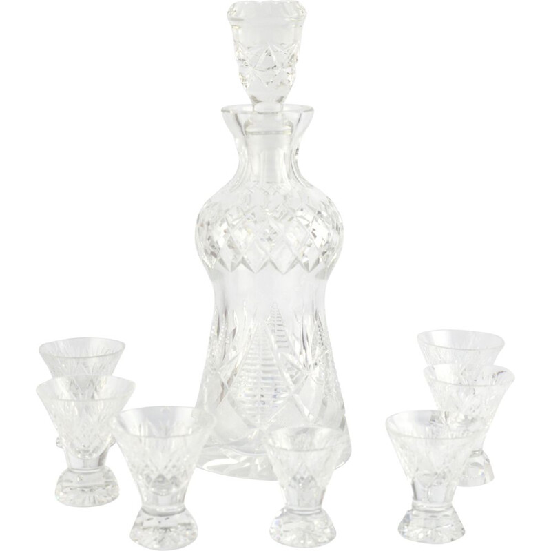 Vintage decanter and 7 crystal glasses from the Julia glassworks, Poland 1980