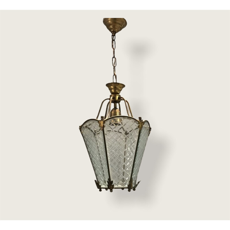 Vintage bronze pendant lamp with etched glass, 1940