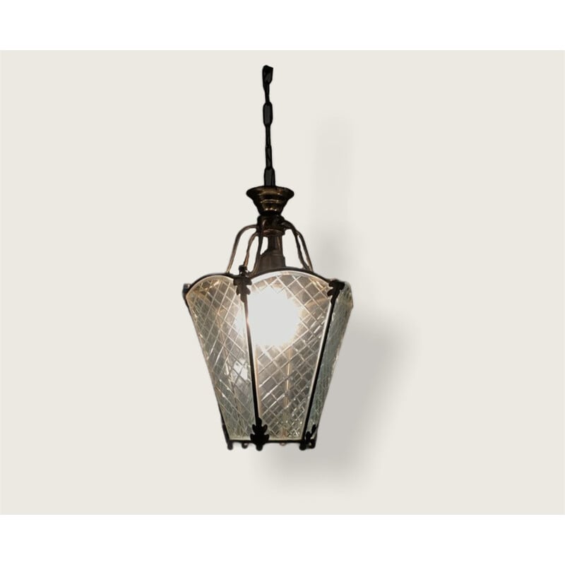 Vintage bronze pendant lamp with etched glass, 1940