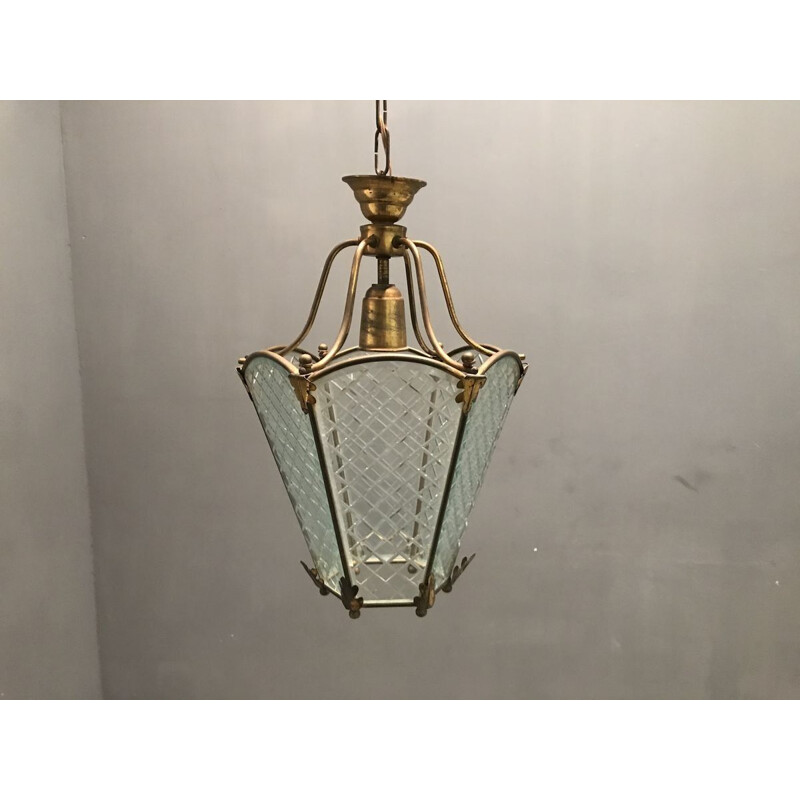 Vintage bronze pendant lamp with etched glass, 1940