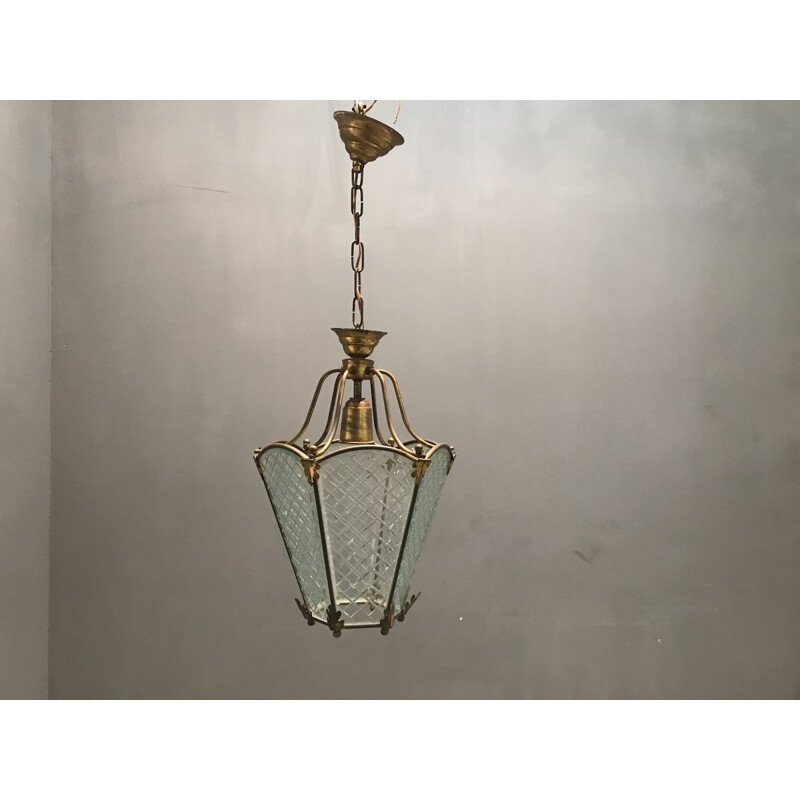 Vintage bronze pendant lamp with etched glass, 1940