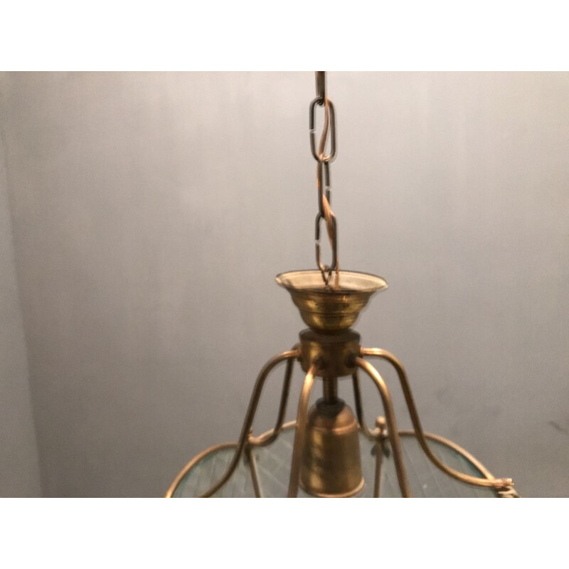 Vintage bronze pendant lamp with etched glass, 1940