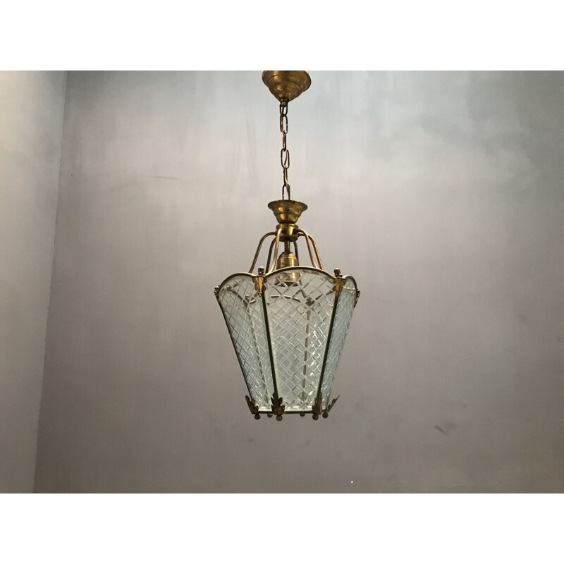 Vintage bronze pendant lamp with etched glass, 1940