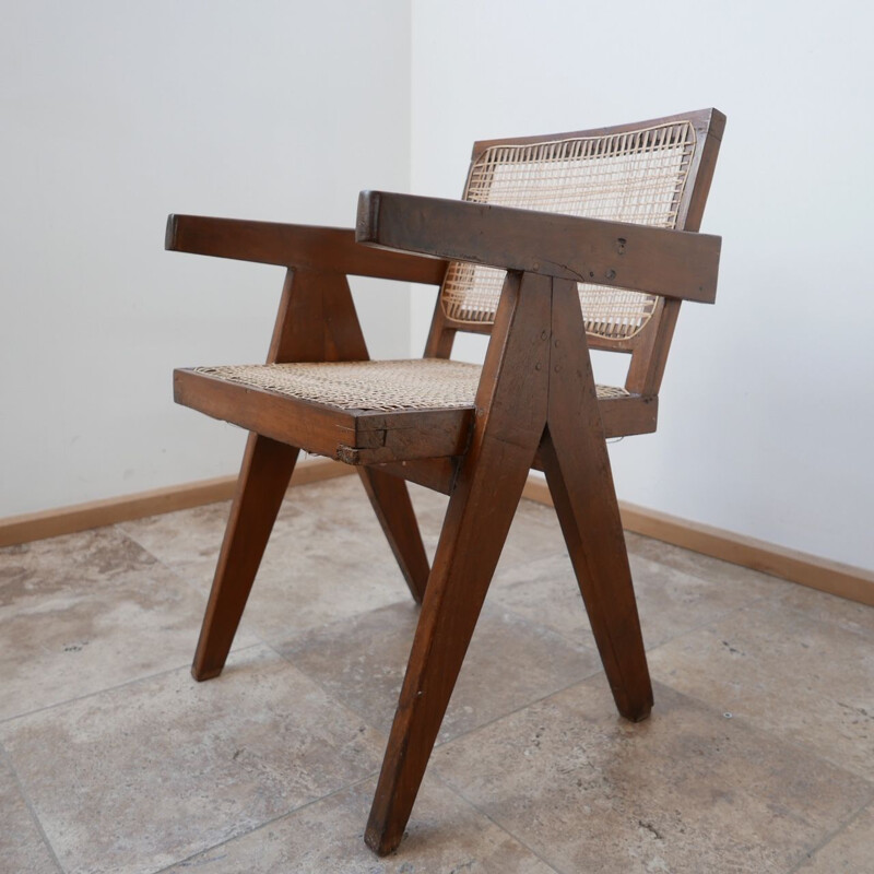 Vintage Teak and Cane Chandigarh Office Chair by Pierre Jeanneret, France 1956s