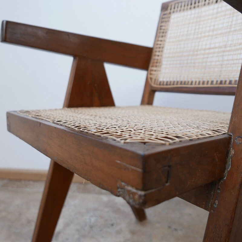 Vintage Teak and Cane Chandigarh Office Chair by Pierre Jeanneret, France 1956s