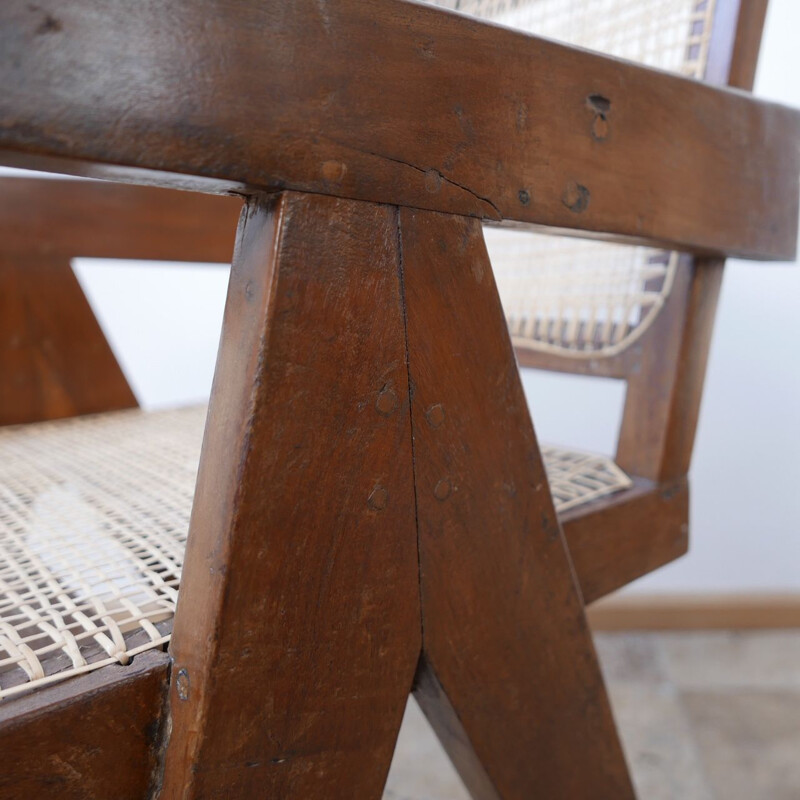 Vintage Teak and Cane Chandigarh Office Chair by Pierre Jeanneret, France 1956s