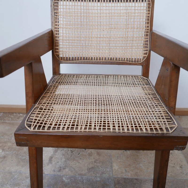 Vintage Teak and Cane Chandigarh Office Chair by Pierre Jeanneret, France 1956s