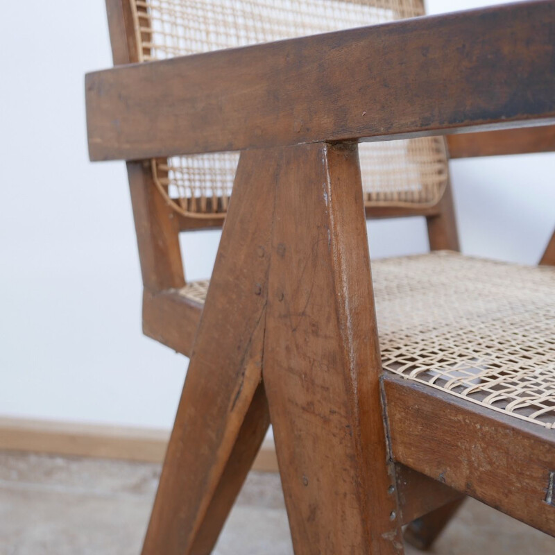 Vintage Teak and Cane Chandigarh Office Chair by Pierre Jeanneret, France 1956s