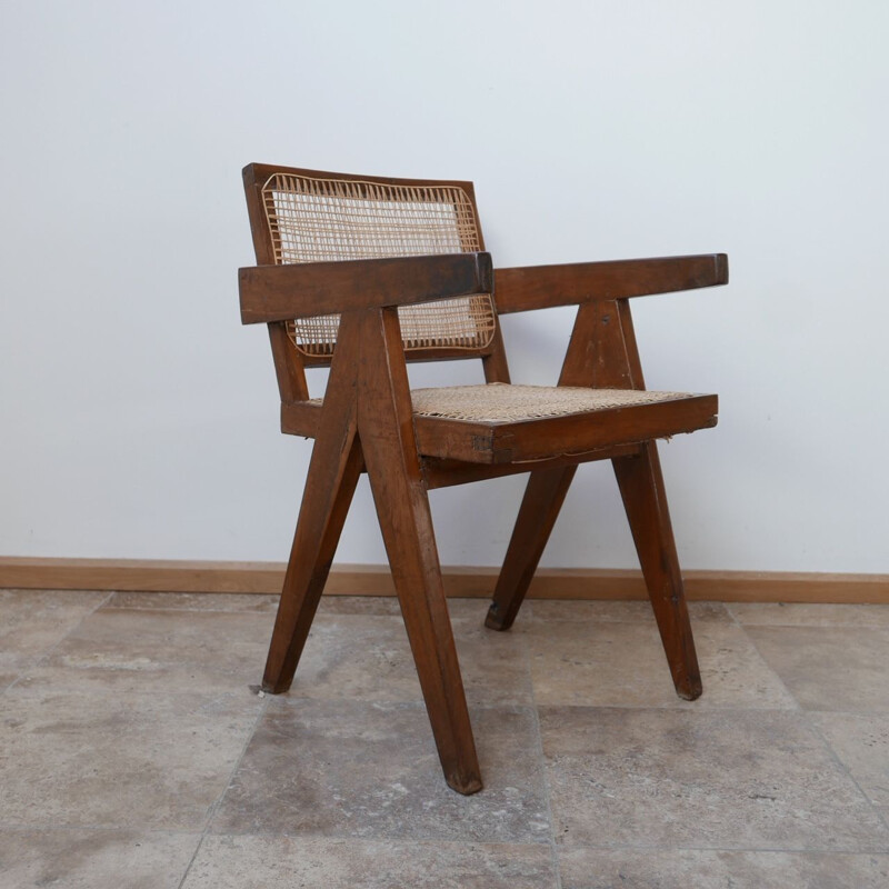 Vintage Teak and Cane Chandigarh Office Chair by Pierre Jeanneret, France 1956s