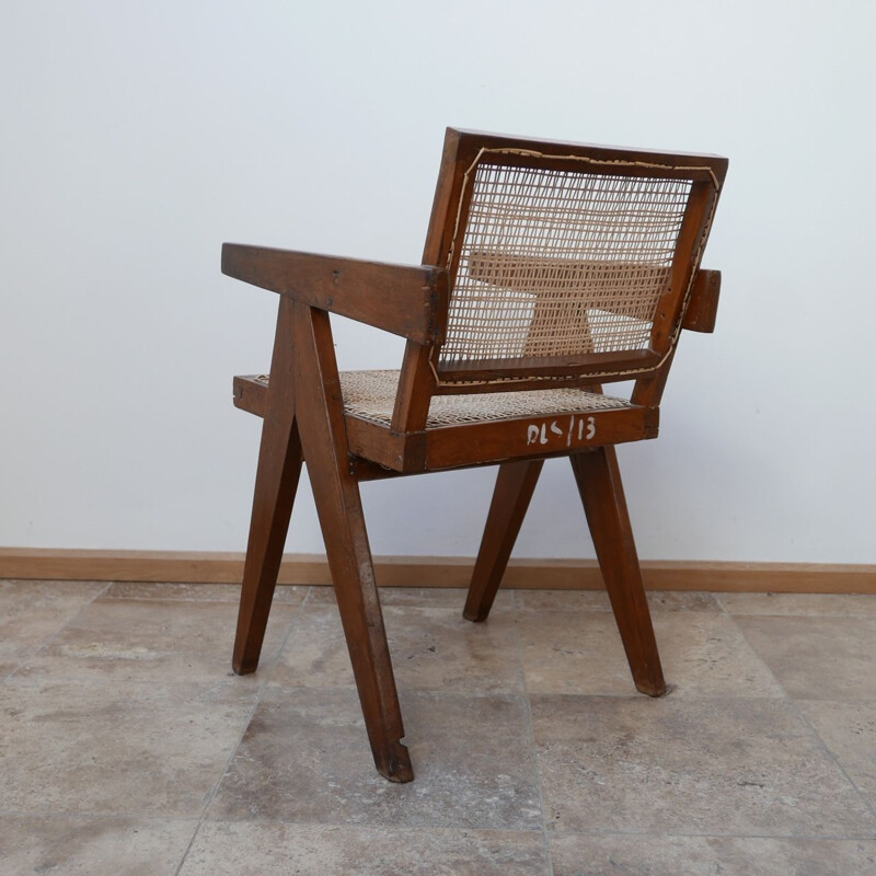 Vintage Teak and Cane Chandigarh Office Chair by Pierre Jeanneret, France 1956s