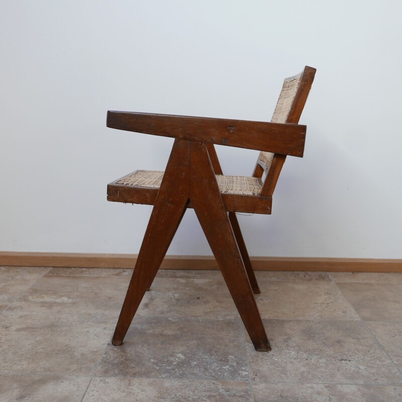 Vintage Teak and Cane Chandigarh Office Chair by Pierre Jeanneret, France 1956s