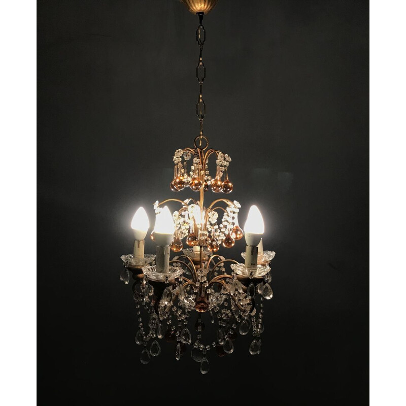Vintage crystal chandelier in Murano rose caramel glass for macaroni
