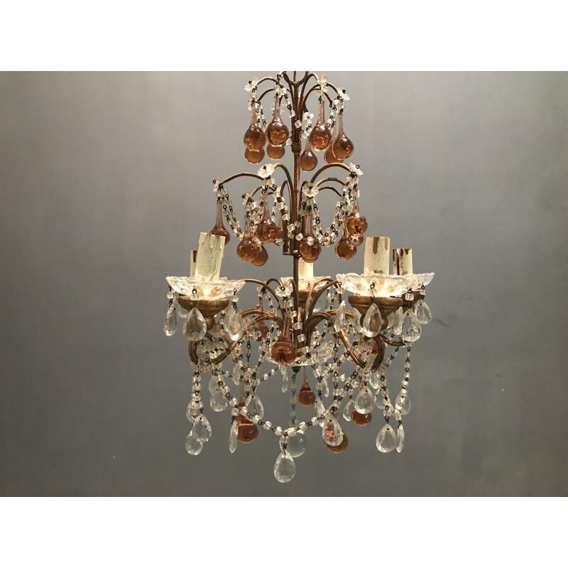 Vintage crystal chandelier in Murano rose caramel glass for macaroni