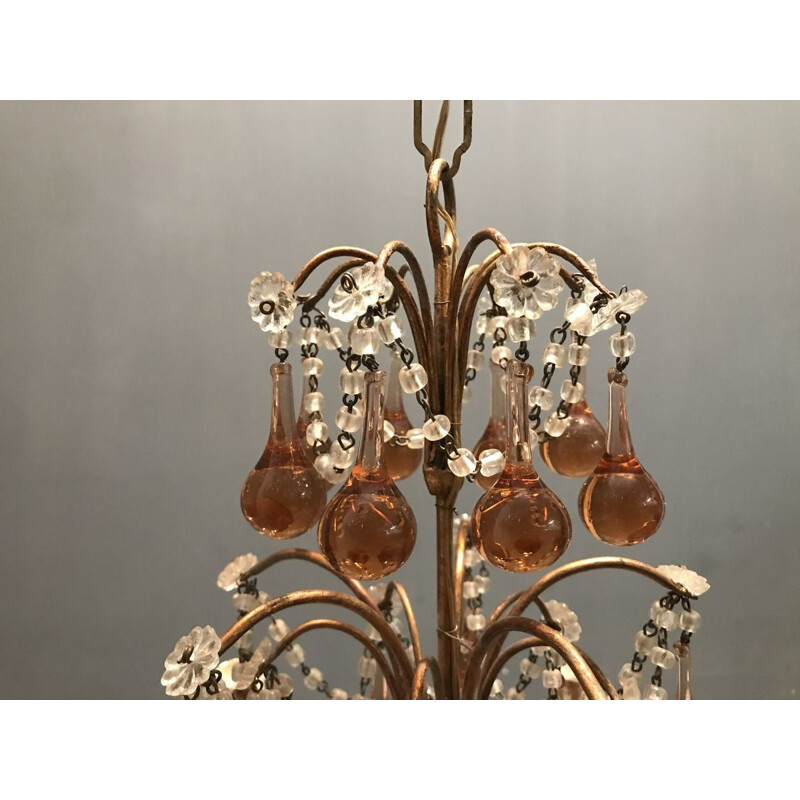 Vintage crystal chandelier in Murano rose caramel glass for macaroni