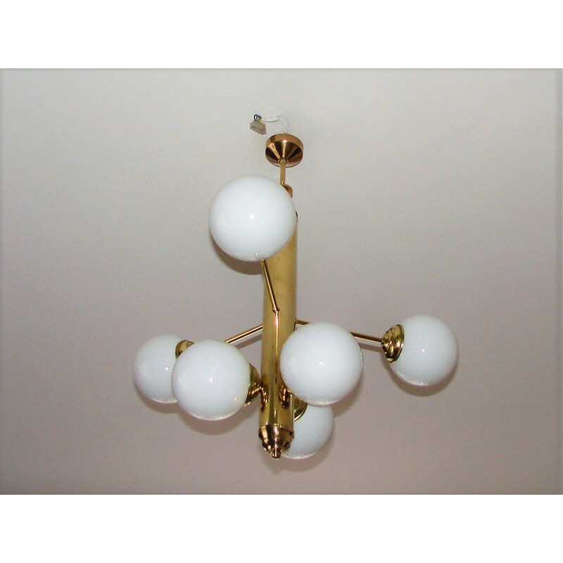 Vintage made of brass and glass chandelier Modernistic 1960s