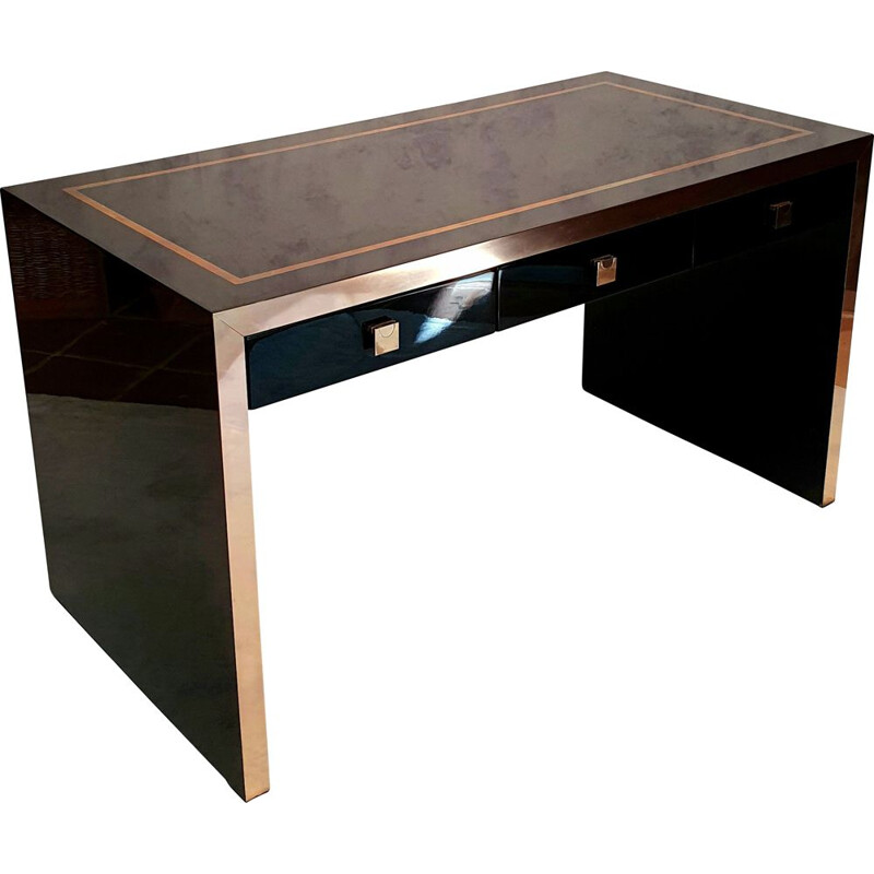 Vintage lacquered wood and brass desk by Jean Claude Mahey for La Maison Roméo 1970