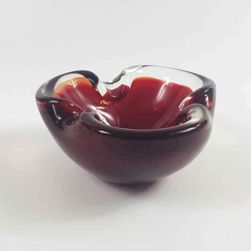 Mid-Century Murano Glass Ashtray Bowl, red and clear Italy 1960s