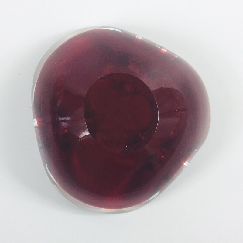 Cenicero vintage de cristal de Murano, rojo y transparente Italia 1960
