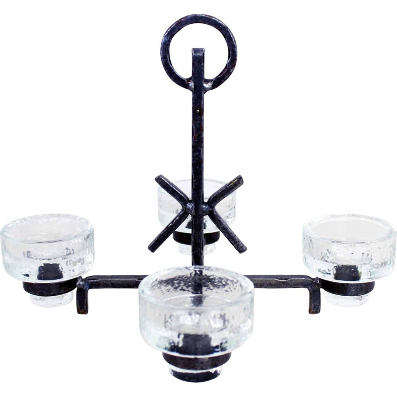 Vintage Art Deco chandelier in wrought iron and glass by Erik Höglund for Ystad-Metall Bostrom